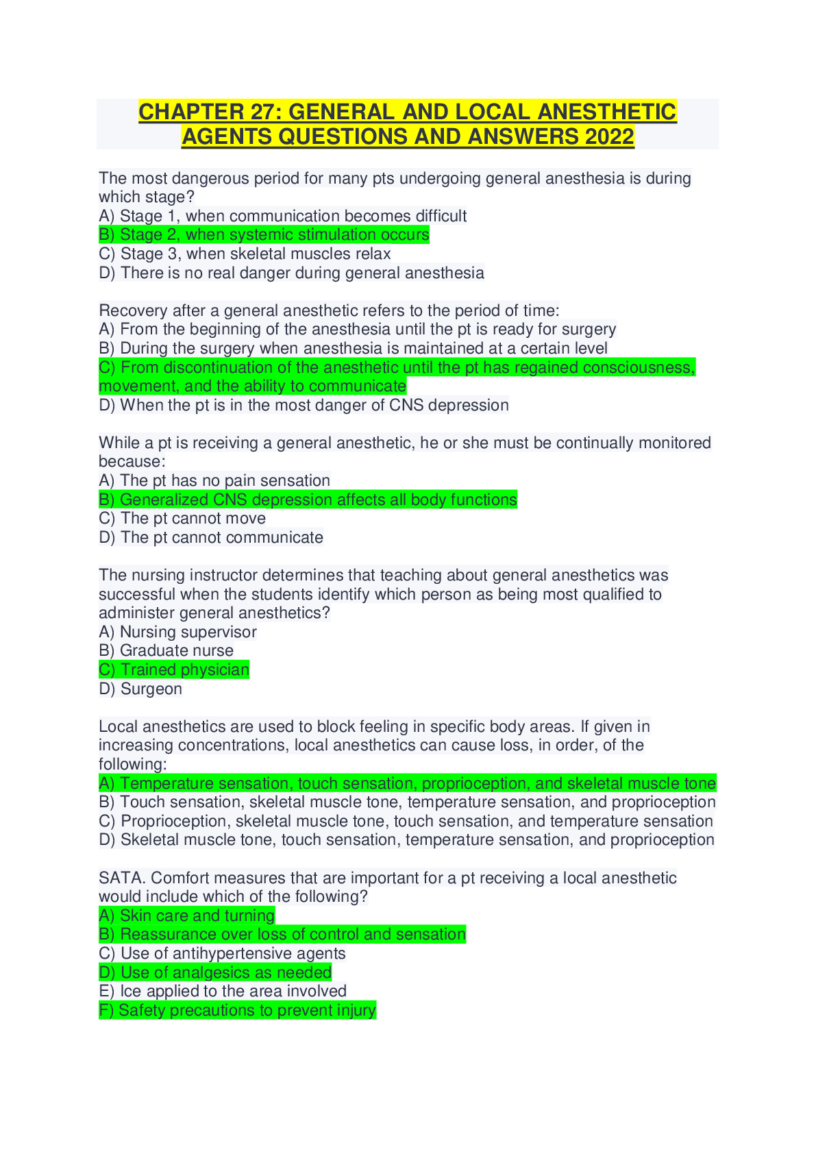 CHAPTER 27 GENERAL AND LOCAL ANESTHETIC AGENTS QUESTIONS AND ANSWERS